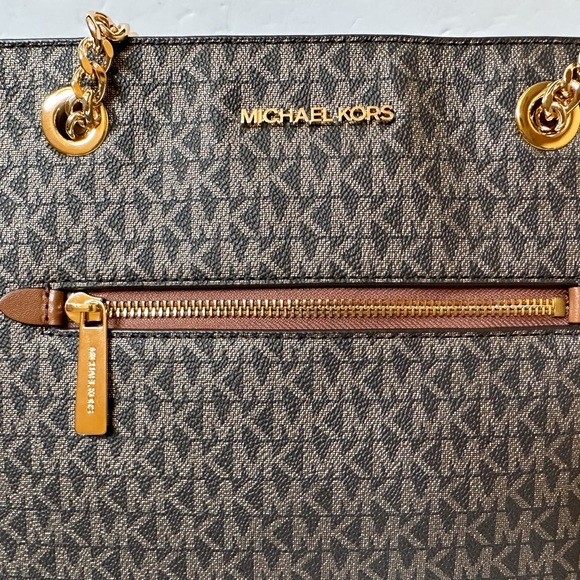 Michael Kors Jet Set Item M Shoulder Chain Tote Bag MK Gold Signature Brown - Picture 11 of 11